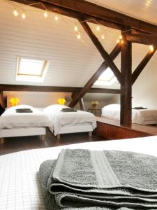 een slaapkamer met 2 bedden en een plafond met verlichting bij La Diligence, gîte de caractère au cœur d'Arbois in Arbois
