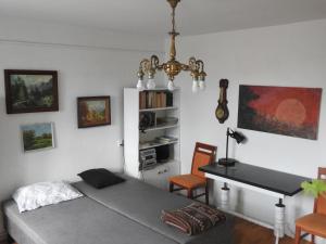 a bedroom with a bed and a desk and a table at Safari house - dom podróżnika in Gdynia