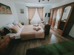 Schlafzimmer mit einem Bett, einem Tisch und einem Spiegel in der Unterkunft Pensiunea Floare DeCOLTI 