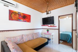 uma sala de estar com um sofá e uma televisão em Casa Monteiro - Piscina Interior Aquecida em Santarém