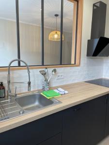 - un comptoir de cuisine avec un évier et un miroir dans l'établissement Appartement Le Fayot, à Wimereux