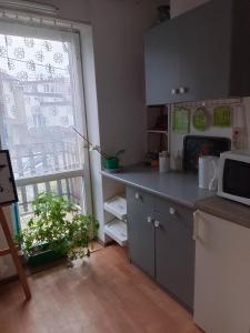 a kitchen with a counter top and a window at Safari house - dom podróżnika in Gdynia