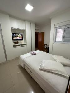 um quarto com uma cama e uma televisão na parede em FRODO-APTO MAGNÍFICO com Wifi , 2 dorm em São Carlos