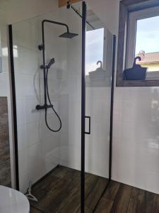 baño con cabina de ducha y ventana en Ptaszkova PrzyStań 2, en Ptaszkowa