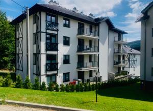 a white apartment building with a green lawn at Apartamenty LUNA in Świeradów-Zdrój