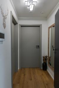 un pasillo vacío con una puerta grande y suelo de madera en Horský apartmán Stella, en Janov nad Nisou