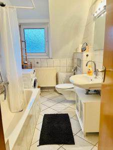 een badkamer met een wastafel, een toilet en een douche bij Ferienwohnung mit Fernblick in Hagen