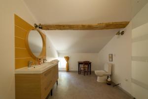 a bathroom with a sink and a mirror and a toilet at Le Clos Saint-Jean - Chambre d'hôte Scarlett in Saint-Jean-de-Thurac