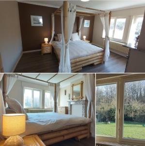 a bedroom with a canopy bed and a room with windows at Vakantievilla Het Dunehuys in De Panne