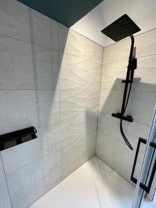 een badkamer met een douche en een glazen wand bij Gite de Clermont in Thimister