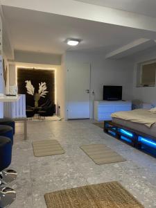 1 dormitorio con cama, sofá y TV en Apartment im BOHO Stil nähe Salzburg, en Freilassing