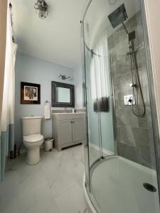 a bathroom with a shower and a toilet and a sink at Lulu's Bed & Breakfast in Niagara on the Lake