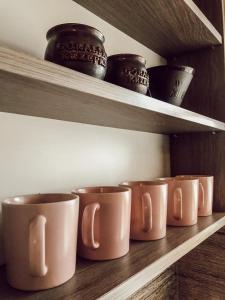 a row of coffee cups sitting on a shelf at Apartament przy wyciągach,wieża widokowa in Krynica Zdrój