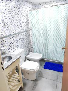 a bathroom with a toilet and a sink and a shower at Cabaña Los Lúpulos in El Bolsón