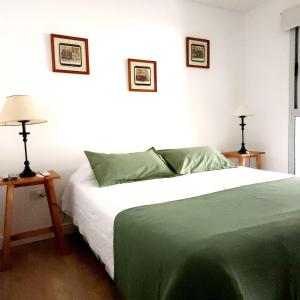 1 dormitorio con 1 cama con sábanas verdes y 2 lámparas en Especial Necochea en Salta