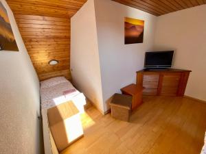 Kleines Zimmer mit einem Bett und einem TV in der Unterkunft Chata pod Gerlachom in Štôla