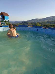 un homme et un enfant nagent dans une piscine dans l'établissement Căsuțele din Zăbran, 