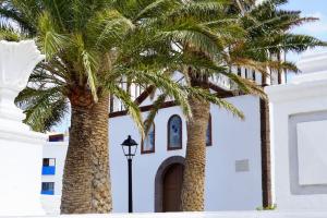 twee palmbomen voor een gebouw met een straatlicht bij Casa Notas de Color Y Sal in Agaete