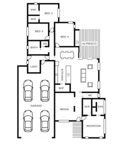 a floor plan of a house with at Pinecone Lodge - Luxury 4BR Home l EV Charger l Fire Pit l WiFi l BBQ l 4 Car Garage in Jindabyne
