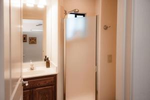 a bathroom with a shower and a sink at Shaman's Den - Aptly decorated space w/a view in Sedona