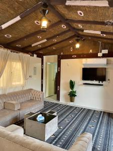 Una sala de estar con un sofá y un televisor de pantalla plana. en شقق السودة هاوس, en Sawda