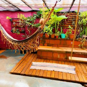 a hammock with a bunch of potted plants at hospedagem bicho do mato arts in Brotas