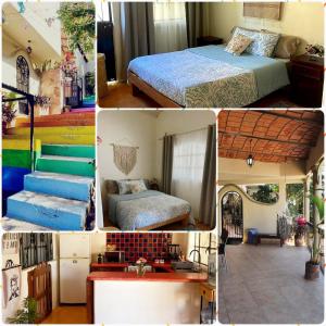 a collage of four pictures of a bedroom at Casita tranquila in Sayulita