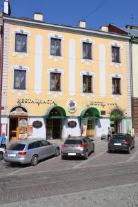 grupa samochodów zaparkowanych przed budynkiem w obiekcie Hotel Bristol w Tarnowie