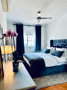 um quarto com uma cama grande e cortinas azuis em Oceanview Carvoeiro Terrace Apartment em Carvoeiro