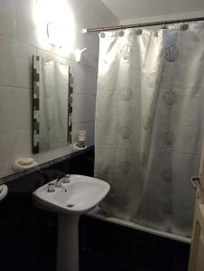 a bathroom with a sink and a shower curtain at Alquiler temporario Mendoza in Las Heras