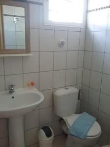 un bagno con un water, un lavandino e una finestra di F2 proche plage Anse Mitan a Les Trois-Îlets