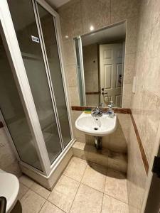 a bathroom with a sink and a shower at A 2 standard bedrooms flat in London