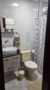 y baño con aseo, lavabo y ducha. en Apartamento Praia Grande, en Praia Grande