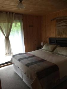 Un dormitorio con una cama grande y una ventana en Agradable Cabaña inserta en bosque nativo, en Pucón