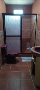 a bathroom with a shower and a toilet and a sink at Casa Lora, camino a las playas. in Puerto Jiménez