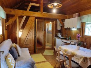 una cucina e una sala da pranzo con tavolo in una cabina di Beehive cabin on a farm a Radovljica