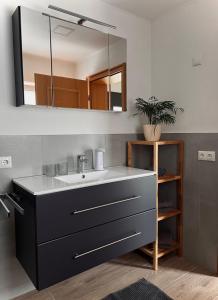 ein Bad mit einem Waschbecken und einem Spiegel in der Unterkunft Eifelhaus LandLuft mit Infrarotkabine in Berlingen