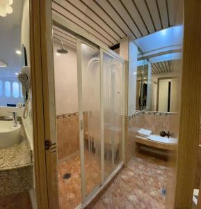 ein Bad mit einer Dusche, einem WC und einem Waschbecken in der Unterkunft HOTEL MARQUES DEL PEÑON in Mexiko-Stadt