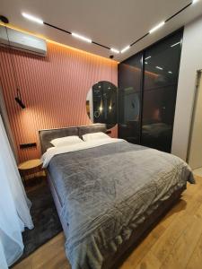 ein Schlafzimmer mit einem großen Bett und einem Spiegel in der Unterkunft Люкс апартаменты в центре Киева in Kiew