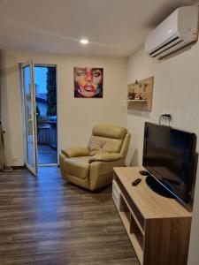 sala de estar con sofá y TV de pantalla plana en ODM&A apartment en Vilna