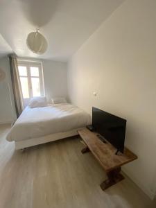 a bedroom with a bed and a television on a table at Logement hyper centre et près de la plage 1er étage in Biarritz