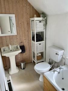 Central Cottage, Hot Tub في Shottery: حمام به مرحاض أبيض ومغسلة
