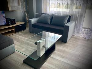 a living room with a couch and a glass table at Słoneczny Apartament Libiąż in Libiąż