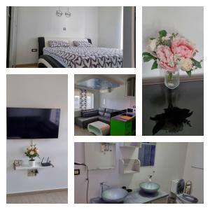 a collage of pictures of a room with a vase of flowers at Apartma Piko in Koper