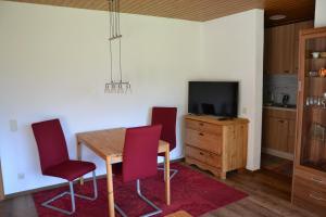 ein Esszimmer mit einem Tisch, 2 Stühlen und einem TV in der Unterkunft Ruhepol in Schruns-Tschagguns