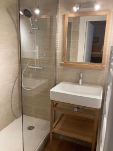 La salle de bains est pourvue d'un lavabo et d'une douche. dans l'établissement Studio Cabine Pornichet Vue Mer 4 pers, à Pornichet