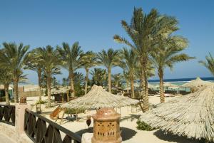 a beach with palm trees and straw umbrellas at Flamenco Beach & Resort Quseir in Quseir