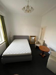 a bedroom with a bed and a table and a chair at Villa Altstadt Westhafen in Wismar