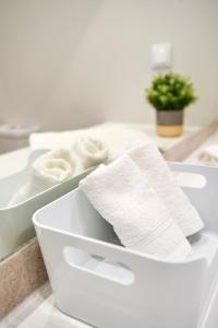 エリセイラにあるEriceira Center Sea View Apartment Iのカウンターの上にタオルが入った白い容器
