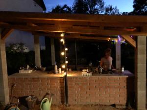 una mujer de pie bajo un bar al aire libre con luces en Fekete Gólya Pihenőház en Baja